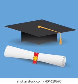 Flat design modern vector illustration of graduation cap and diploma.