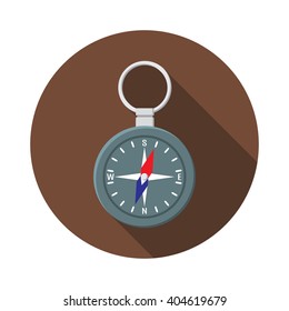 Flat design modern vector illustration of compass icon, camping, hiking and exploring equipment with long shadow.