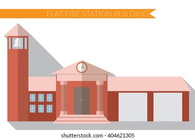 Flat design modern vector illustration of fire station building icon, with long shadow.