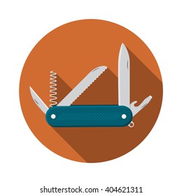 Flat Design Modern Vector Illustration Of Multifunctional Pocket Knife Icon, Camping And Hiking Equipment With Long Shadow.