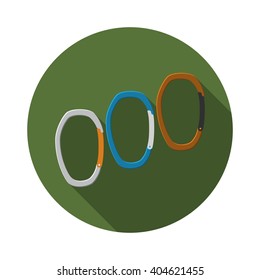 Flat design modern vector illustration of carabiner icon, camping, hiking and mountaineering equipment with long shadow.