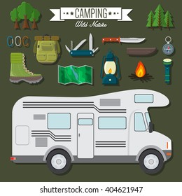 Flat design modern vector illustration of travel and vacation set. Camping and hiking equipment items, car RV, knife and backpack, hiking boots, lantern and bonfire, map and compass, trees, flashlight