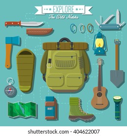 Flat design modern vector illustration of camping and hiking equipment set. Travel and vacation items, knife and axe, backpack and hiking boots, lantern and guitar, sleeping bag, map and compass.