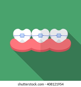 Flat design modern vector illustration of dental braces icon with long shadow.