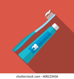 Flat design modern vector illustration of tooth brush and paste icon with long shadow.