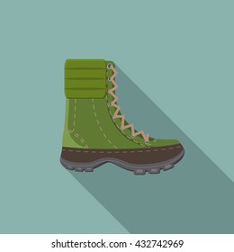 Flat design modern vector illustration of trekking boot icon, camping and hiking equipment with long shadow.