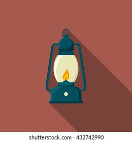 Flat design modern vector illustration of lantern icon, camping and hiking equipment with long shadow.
