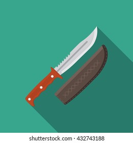 Flat design modern vector illustration of hunting knife icon, camping and hiking equipment with long shadow.