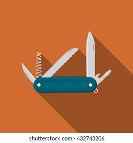 Flat design modern vector illustration of multifunctional pocket knife icon, camping and hiking equipment with long shadow.