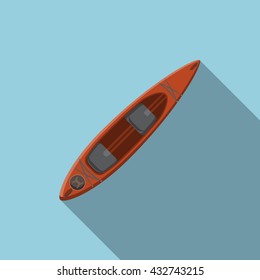 Flat design modern vector illustration of kayak icon, camping, hiking and extreme sports equipment with long shadow.