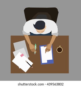 Flat design modern vector illustration concepts for business , planning, , working , making business. Business man working alone analyzing project and making business strategy on the paper. Writer.