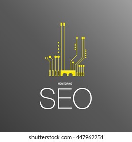 Flat design modern vector illustration concept of SEO word combined from elements and monitoring icon which symbolized a success internet searching optimization process