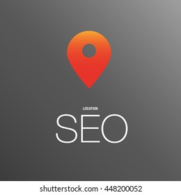 Flat design modern vector illustration concept of SEO word combined from elements and location icon which symbolized a success internet searching optimization process