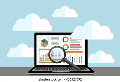 Flat design modern vector illustration concept of website analytics search information and computing data analysis using modern electronic and mobile devices.