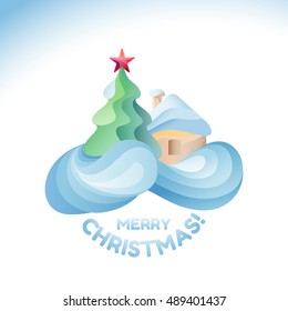 Flat design modern vector illustration for Christmas holiday with winter house and fur tree