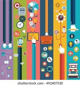 Flat design modern vector illustration icons in stylish colors of hand touch screen with business icons, finance, online purchase on digital tablet and wireless e-commerce usage.