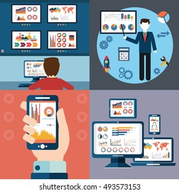 Flat design modern vector illustration icons set of website SEO optimization, programming process and analytics elements. Isolated on stylish colored background.