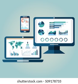 Flat design modern vector illustration concept of website analytics search information and computing data analysis using modern electronic and mobile devices. Isolated on stylish background.