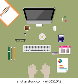 Flat design modern vector illustration concept,workplace with computer