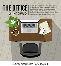 Flat design modern vector illustration concept of creative office workspace, workplace. Top view of desk background with laptop, cup of coffee, phone and flower