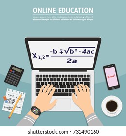 Flat design modern vector illustration concept of online education. E-learning flat illustration of human hand using laptop for distance learning studying and education.