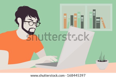 Flat design modern vector illustration lifestyle concept of handsome man in casual T-shirt sitting at the desk and working on laptop in the office. Isolated on stylish colored background