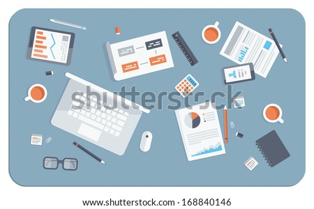 Flat design modern vector illustration concept of teamwork analyzing project on business meeting. Top view of desk background with laptop, digital devices, office objects with papers and documents.