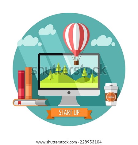 Flat design modern vector illustration concept of new business project start up development and launch a new innovation product.