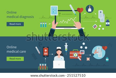 Flat design modern vector illustration concept for health care and online diagnosis. Healthcare system concept. Concept for banners and print media 