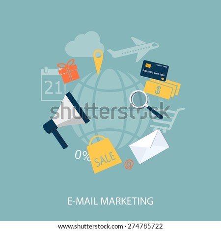 Flat design modern vector illustration concept of  business, marketing, e-mail marketing, online shopping, management with elements - eps10