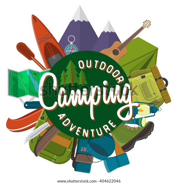 Flat design modern vector illustration of camping\
and hiking equipment set. Travel and vacation items, car rubber\
boat and shoes, tent, knife and axe, backpack and hiking shoes,\
campfire and guitar.