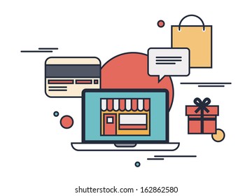 Flat design modern vector outline illustration concept of purchasing product via internet, online shopping communication and purchase with credit card. Isolated on white background.