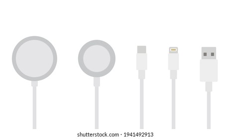Diseño plano moderno Cargador inalámbrico, Cargador por cable, icono de dispositivo inteligente por cable USB Aislado en fondo blanco.