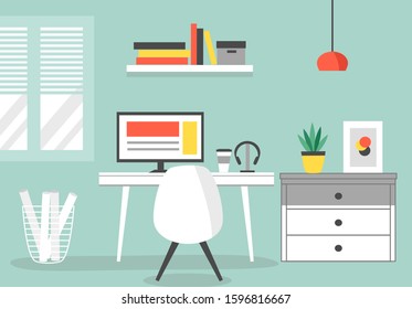 Flat Design Of Modern Workspace With Furniture  And Accessories. Vector Illustration Creative Home Office Studio.