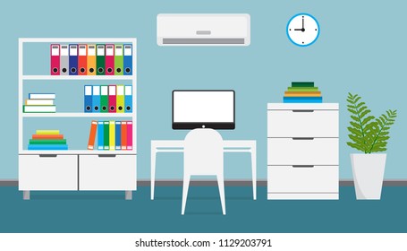 Flat design of modern workspace, Home office interior, vector illustration