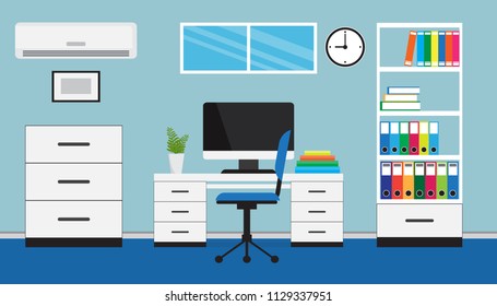Flat design of modern workspace, Home office interior, vector illustration