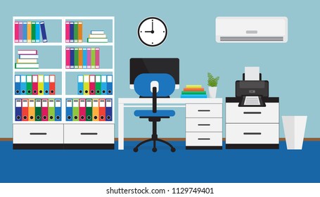 Flat design of modern workspace, Home office interior, vector illustration