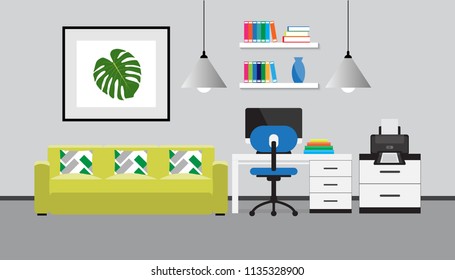 Flat design of modern workspace, Home office and a living room interior, vector illustration