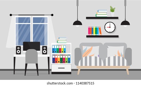 Flat design of modern workspace, Home office and a living room interior, vector illustration