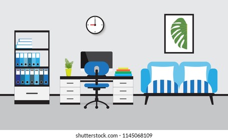 Flat design of modern workspace, Home office and a living room interior, vector illustration