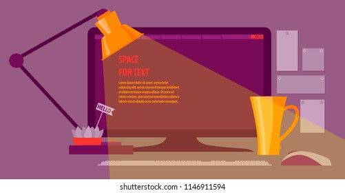 Flat design of modern workspace, Home office, freelance job. Vector illustration for web or advertising