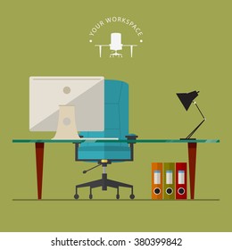 Flat design of modern workspace in minimal style with office equipment. Vector, illustration.