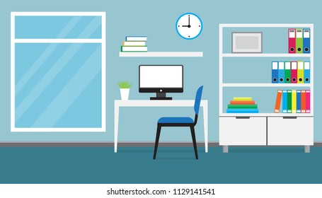 Flat design of modern workspace, office interior, vector illustration