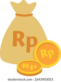 Flat design of a money bag with Rupiah coins beside it. Excellent for depicting savings, finance, Indonesian currency, and business income.