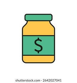 Flat Design Money Jar Icon with Green Label Dollar Sign and Yellow Container on White Background