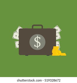 Flat Design of Money Suitcase, suitcase with money concept