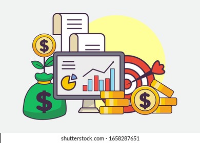 Flat design money target with monitor and money bag. Vector EPS 10