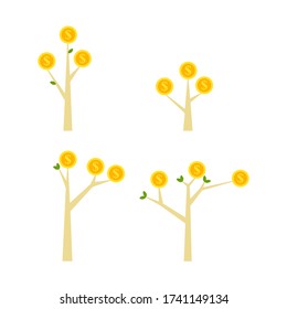 Flat design money trees, dollar coin trees, gold coin trees, isolated on a white background