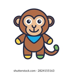 Flat design monkey plush toy illustration with simple outline and soft colors.
