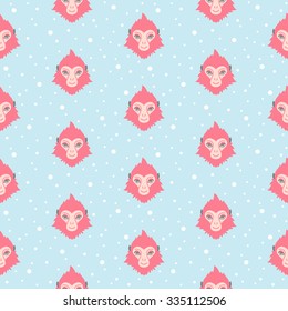 Flat design monkey and snow flakes seamless vector pattern. Chinese zodiac symbol. Repeating monkey heads and snowfall. Simple New Year of the fire or red monkey 2016 background. Blue and red.